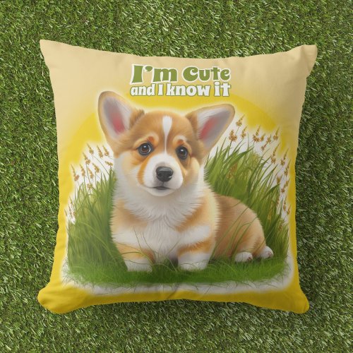 Corgi puppy on the grass  cute pet throw pillow