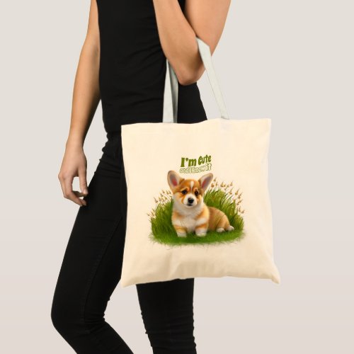 Corgi puppy on the grass  cute pet  tote bag