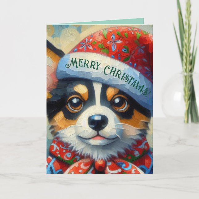 Corgi Puppy – Santa Hat Holiday Cheer Card (Front)
