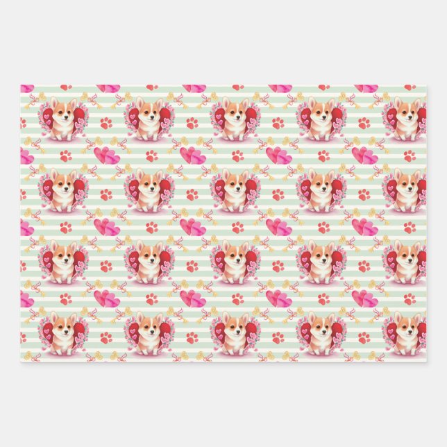 Corgi Puppy Valentines Day Wrapping Paper (Front)