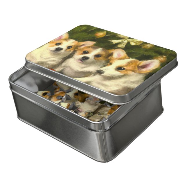 Corgi pups under a Christmas tree Victorian style Jigsaw Puzzle (Lid Open)