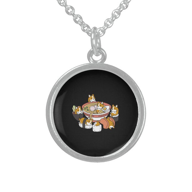 Corgi Ramen Sushi Sterling Silver Necklace (Front)