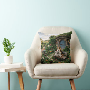 Corgi reading local newspaper in garden throw pillow