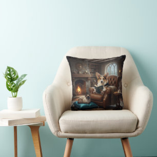 Corgi reads to cat throw pillow
