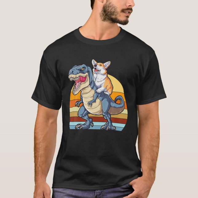 Corgi Riding Dinosaur T Rex Cute Corgis Dog Lover T-Shirt (Front)