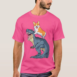 Corgi Riding Dinosaur T Rex Dog Funny Corgi Space  T-Shirt