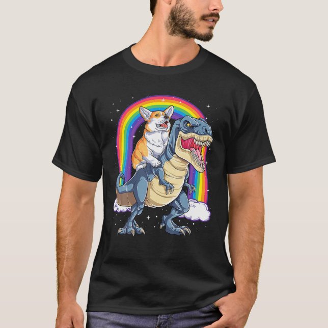 Corgi Riding Dinosaur T Rex Funny Space Galaxy Rai T-Shirt (Front)