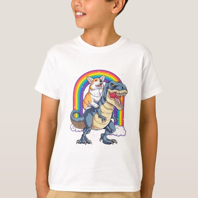 Corgi Riding Dinosaur T rex Funny Space Galaxy Rai T-Shirt (Front)