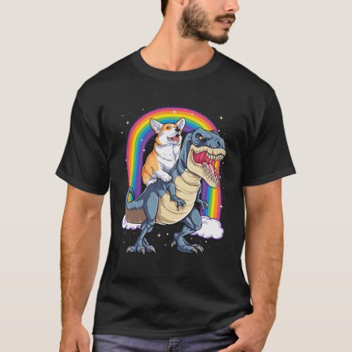 Corgi Riding Dinosaur T Rex Rainbow T_Shirt