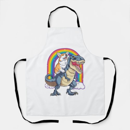 Corgi Riding Dinosaur T rex Shirt Funny Rainbow Do Apron