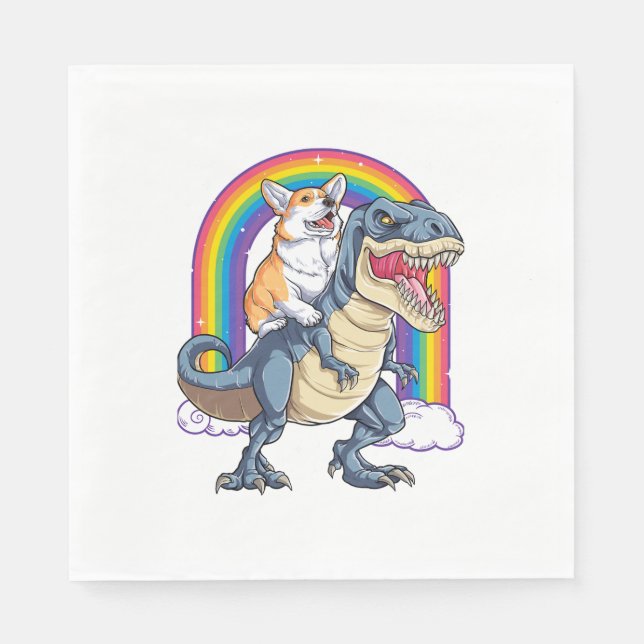 Corgi Riding Dinosaur T rex Shirt Funny Rainbow Do Napkins (Front)