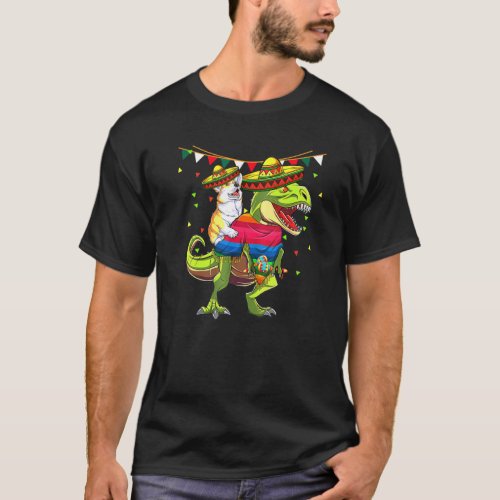 Corgi Riding Dinosaur T Rex Sombrero Mexico Fiesta T_Shirt