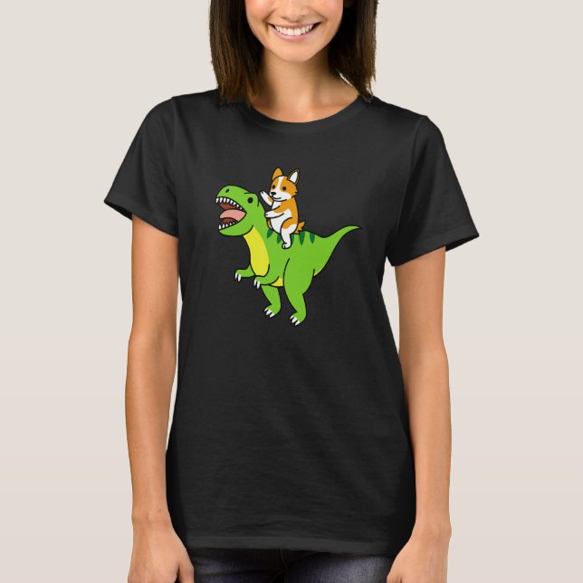 Corgi Riding Rex Dinosaur Dog T-Shirt (Front)