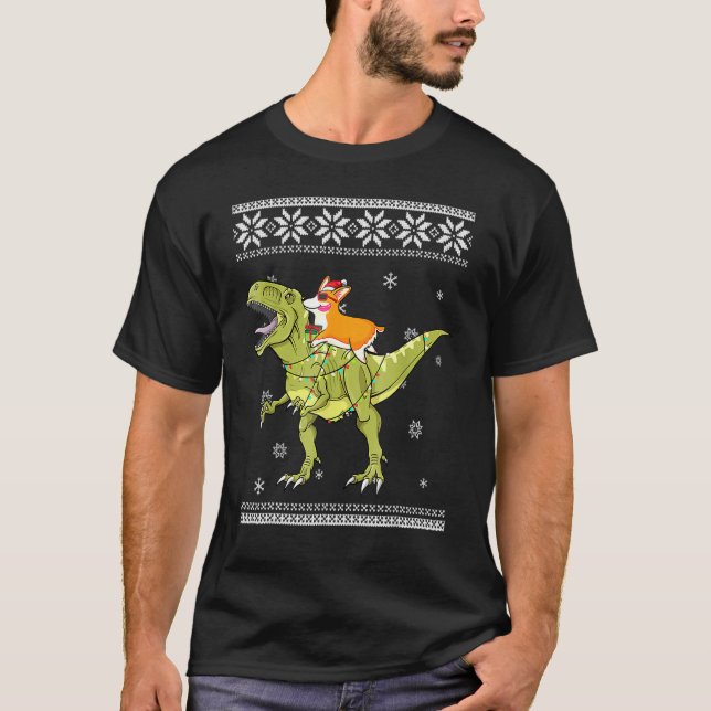 Corgi Riding T Rex Dinosaur Christmas Light Xmas T-Shirt (Front)