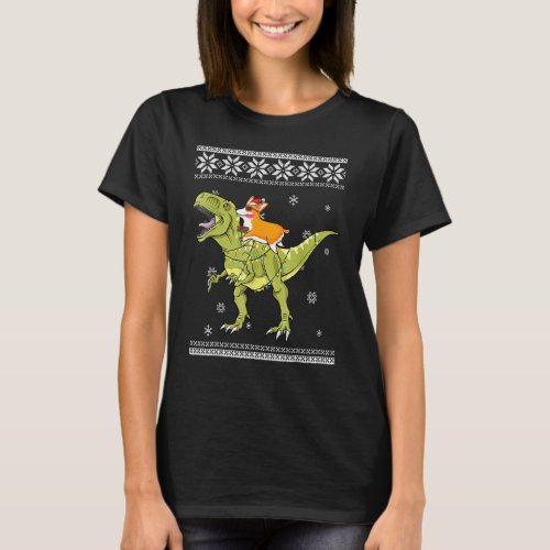 Corgi Riding T Rex Dinosaur Christmas Light Xmas T_Shirt
