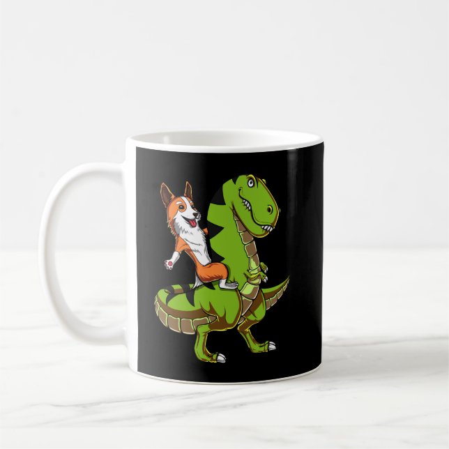 Corgi Riding T-Rex Dinosaur Funny Dog Coffee Mug (Left)