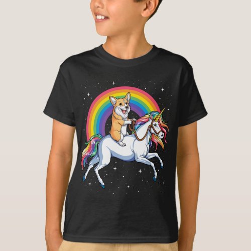 Corgi Riding Unicorn Girls Kids Rainbow Gifts Spac T_Shirt