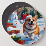 Corgi Running in Snow with Christmas Hat Button