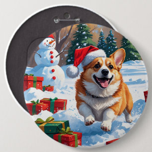 Corgi Running in Snow with Christmas Hat Button