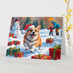 Corgi Running in Snow with Christmas Hat Card