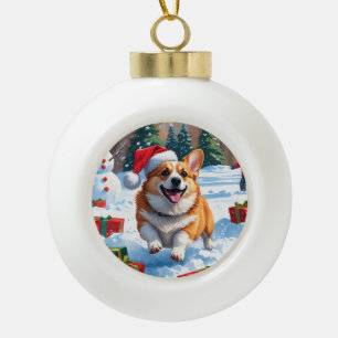 Corgi Running in Snow with Christmas Hat Ceramic Ball Christmas Ornament