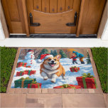 Corgi Running in Snow with Christmas Hat Doormat