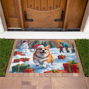 Corgi Running in Snow with Christmas Hat Doormat