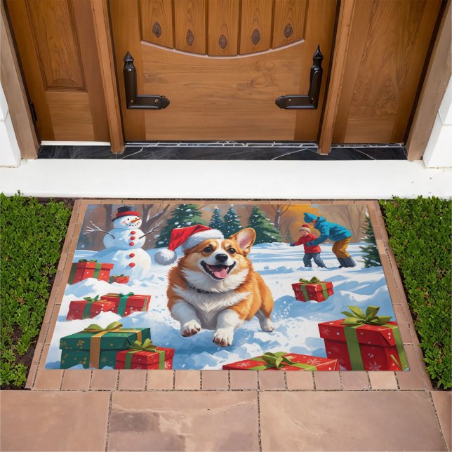 Corgi Running in Snow with Christmas Hat Doormat (Outdoor)