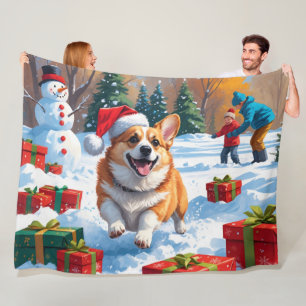 Corgi Running in Snow with Christmas Hat Fleece Blanket