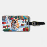 Corgi Running in Snow with Christmas Hat Luggage Tag
