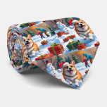 Corgi Running in Snow with Christmas Hat Neck Tie