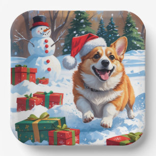 Corgi Running in Snow with Christmas Hat Paper Plates