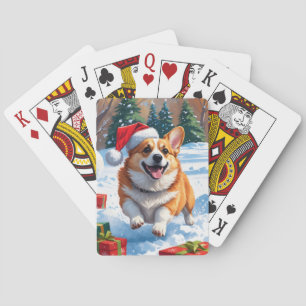 Corgi Running in Snow with Christmas Hat Poker Cards