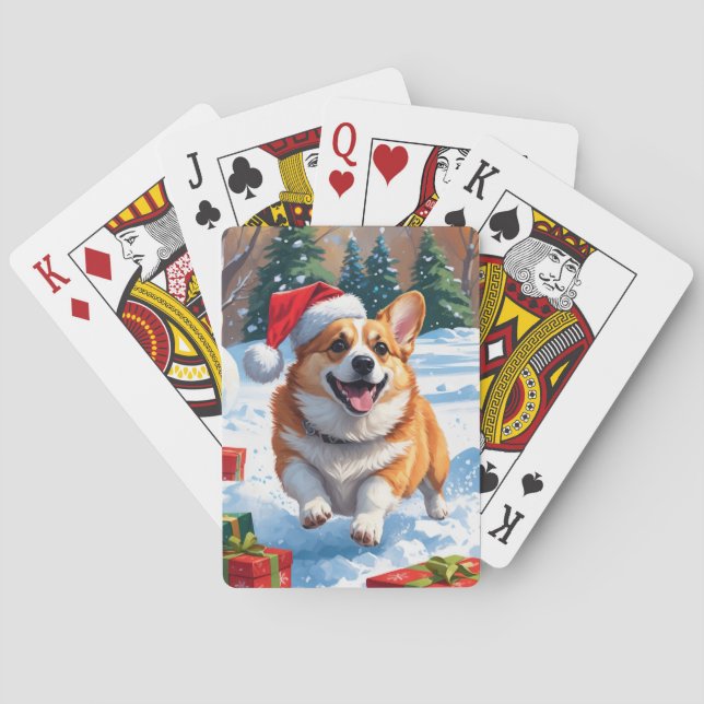 Corgi Running in Snow with Christmas Hat Poker Cards (Back)