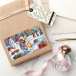 Corgi Running in Snow with Christmas Hat Rectangular Sticker