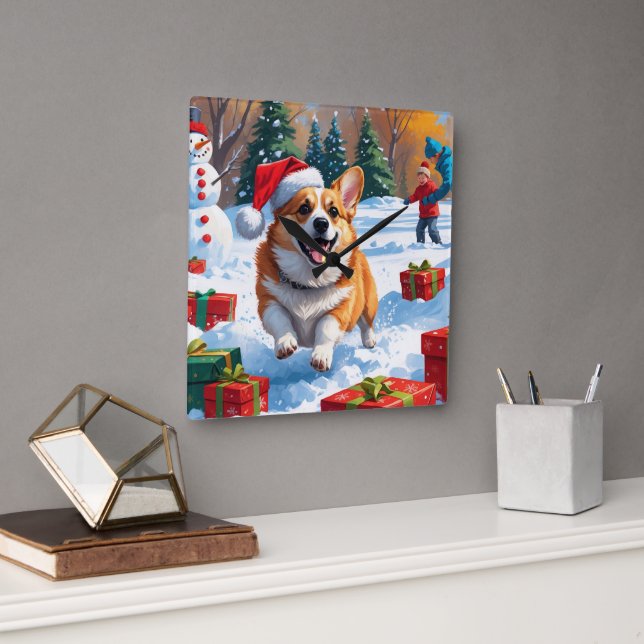 Corgi Running in Snow with Christmas Hat Square Wall Clock (Office)