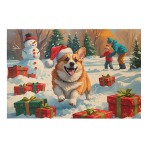 Corgi Running in Snow with Christmas Hat Wood Wall Art