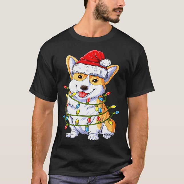 Corgi Santa Christmas Tree Lights Xmas T-Shirt (Front)