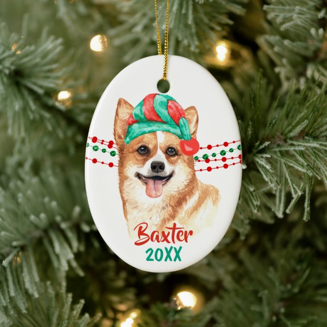 Corgi Santa Hat Holiday String Beads Ceramic Ornament (Tree)