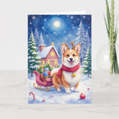 Corgi Santa's Reindeer Christmas Holiday Dog Card