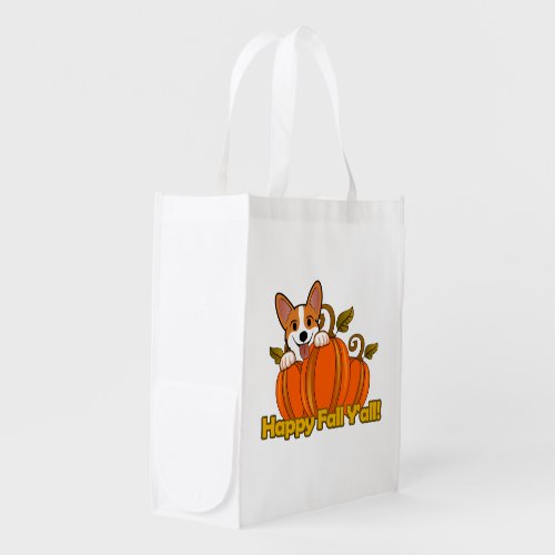 Corgi says Happy Fall Yall Grocery Bag