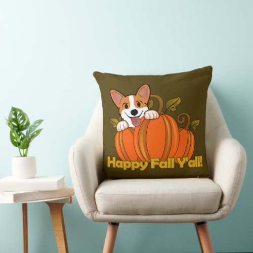 Corgi says Happy Fall Yall Throw Pillow