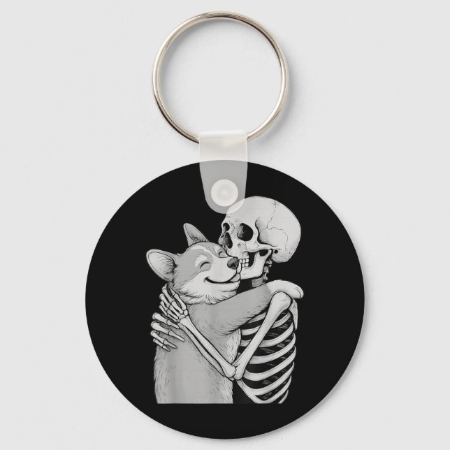 Corgi Skeleton Hug Halloween Dog Lover Keychain (Front)