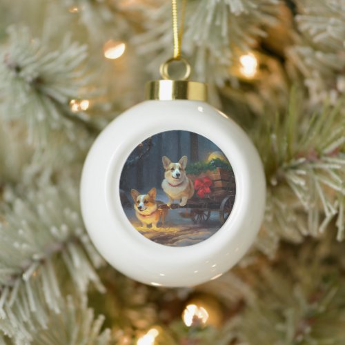 Corgi Snowy Sleigh Christmas Decor  Ceramic Ball Christmas Ornament