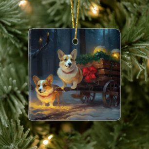 Corgi Snowy Sleigh Christmas Decor Ceramic Ornament