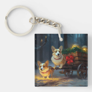 Corgi Snowy Sleigh Christmas Decor Keychain