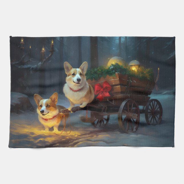 Corgi Snowy Sleigh Christmas Decor  Kitchen Towel (Horizontal)