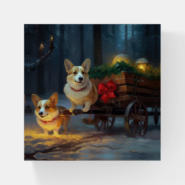 Corgi Snowy Sleigh Christmas Decor  Paperweight (Front)