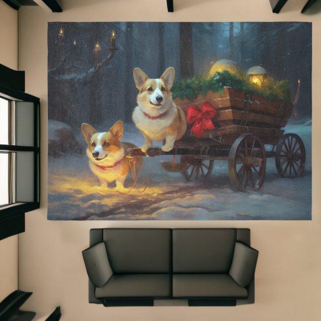 Corgi Snowy Sleigh Christmas Decor Rug (Insitu (Indoor 1))