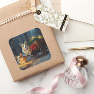 Corgi Snowy Sleigh Christmas Decor Square Sticker